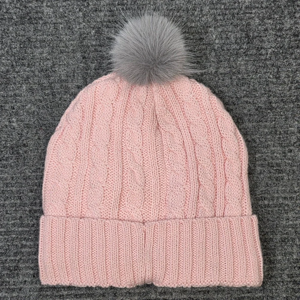 Eddie Bauer Cable Knit Beanie Girl's Pink Faux Fur‎ Pom Pom Fleece Lined Shimmer